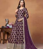 Wine embroidered dola jacquard semi stitched anarkali suit