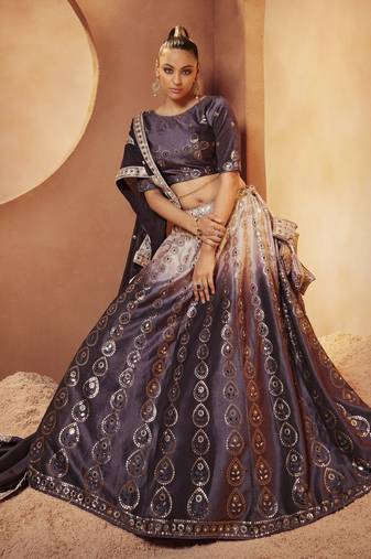 Phenomenal Purple Sequins Embroidered With All Over Mirror Work Velvet Lehenga Choli For Bride