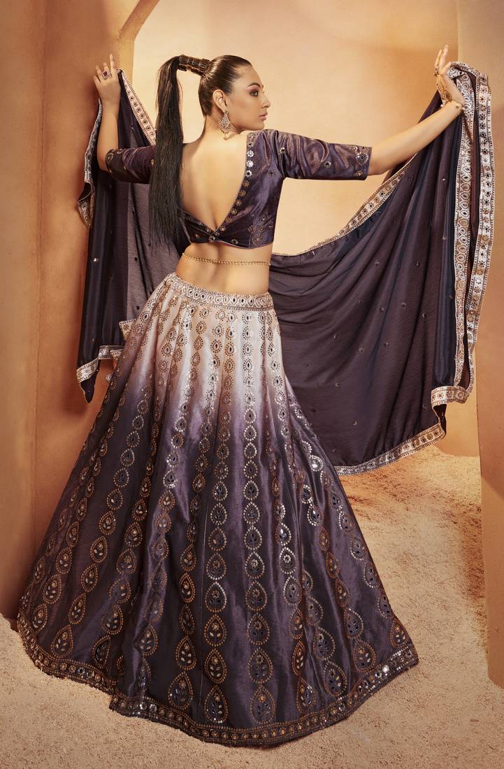 Phenomenal Purple Sequins Embroidered With All Over Mirror Work Velvet Lehenga Choli For Bride