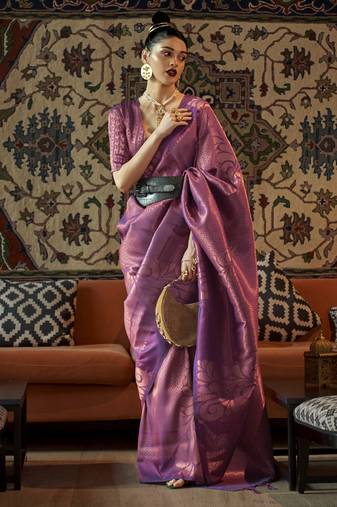 Lavender Silk Blend Copper Zari Woven Border And Rich Pallu Saree With Blouse For Women 