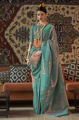 Emerald Silk Blend Copper Zari Woven Border And Rich Pallu Saree With Blouse For Women 