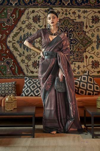 Black Silk Blend Copper Zari Woven Border And Rich Pallu Saree With Blouse For Women 