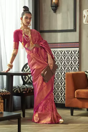 Pink Silk Blend Copper Zari Woven Border And Rich Pallu Saree With Blouse For Women 
