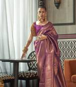 Purple Silk Blend Copper Zari Woven Border And Rich Pallu Saree With Blouse For Women 