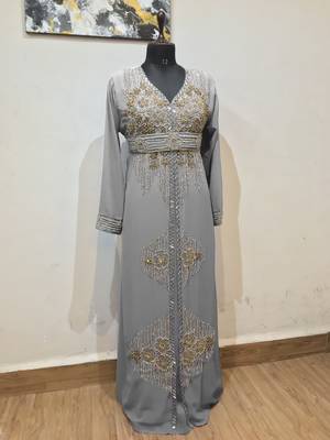 Grey color Full Sleeves Handmade Moroccan Kaftan 1