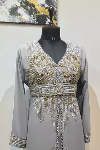 Grey color Full Sleeves Handmade Moroccan Kaftan