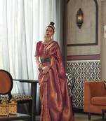 Wine Silk Blend Copper Zari Woven Border And Rich Pallu Saree With Blouse For Women 