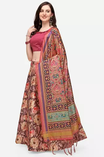 Brown Semi-Stitched Lehenga Choli Set With Dupatta