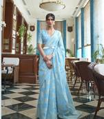 Sky Blue Chikankari Linen Cotton Beautiful Weaving Border And Pallu Saree With Blouse For Women