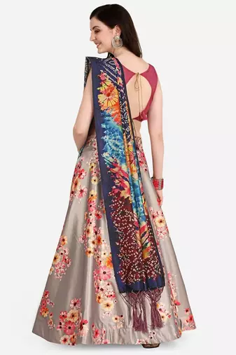 Grey Semi-Stitched Lehenga Choli Set With Dupatta