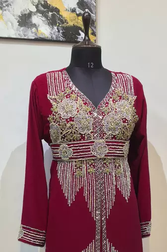 Maroon color Full Sleeves Handmade Moroccan Kaftan