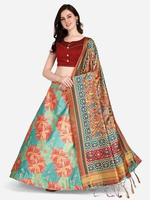 Sky Blue Satin Silk Lehenga Choli Set With Dupatta 1
