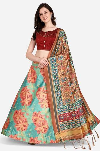 Sky Blue Satin Silk Lehenga Choli Set With Dupatta