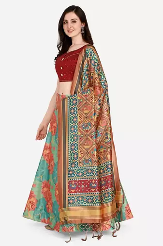 Sky Blue Satin Silk Lehenga Choli Set With Dupatta