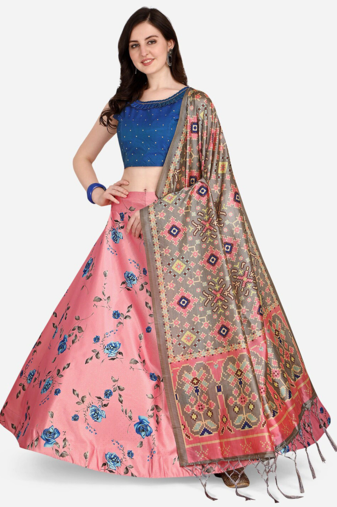 Pink Satin Silk Lehenga Choli Set With Dupatta
