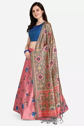 Pink Satin Silk Lehenga Choli Set With Dupatta