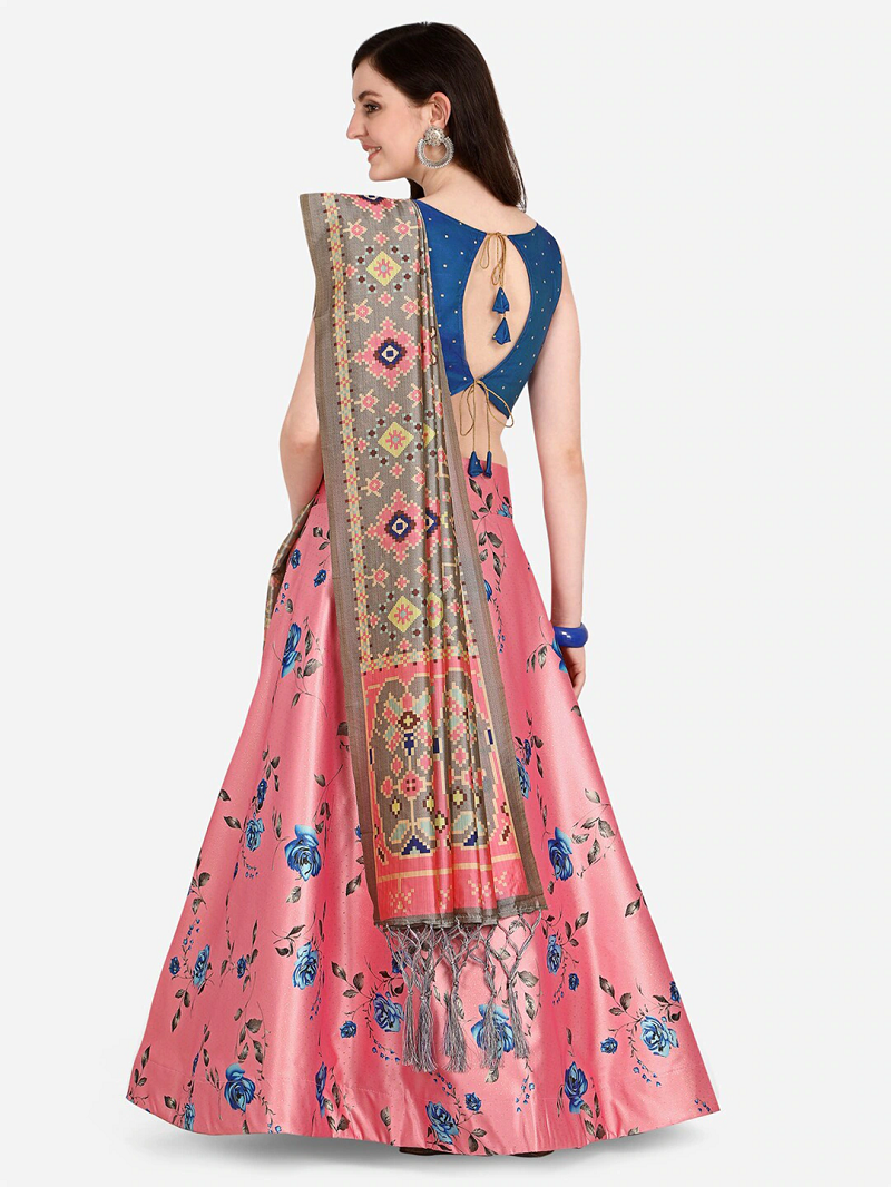 Pink Satin Silk Lehenga Choli Set With Dupatta