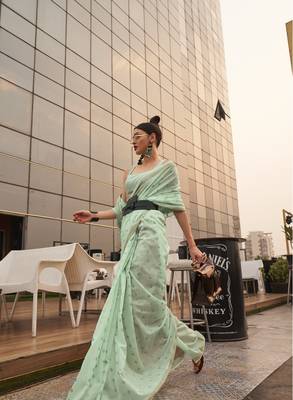 Sea Green Silk Blend Woven Design Handloom Saree With Blouse For Women 1
