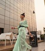 Sea Green Silk Blend Woven Design Handloom Saree With Blouse For Women