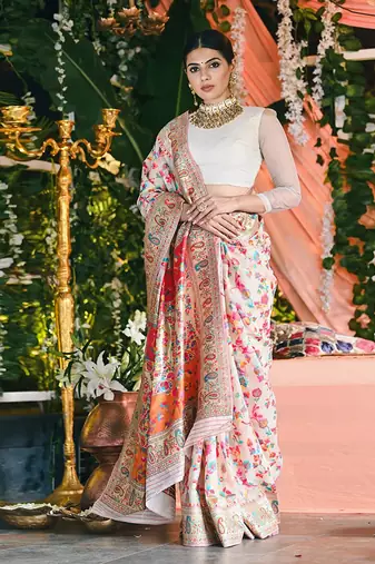 Off White Cotton Blend Beautiful Weaving Border Saree With Blouse