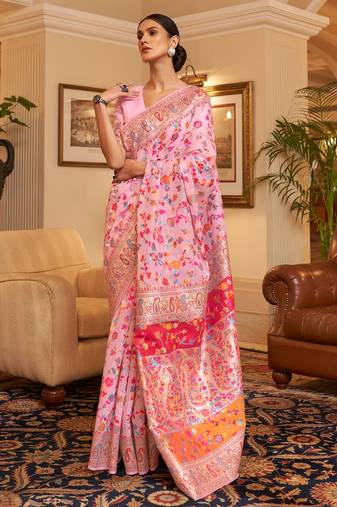 Pink Cotton Blend Beautiful Weaving Border Saree With Blouse