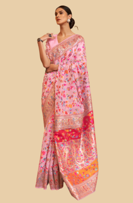 Pink Cotton Blend Beautiful Weaving Border Saree With Blouse 5
