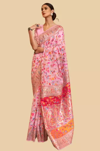 Pink Cotton Blend Beautiful Weaving Border Saree With Blouse