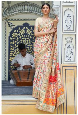 Cream Cotton Blend Beautiful Weaving Border Saree With Blouse 1