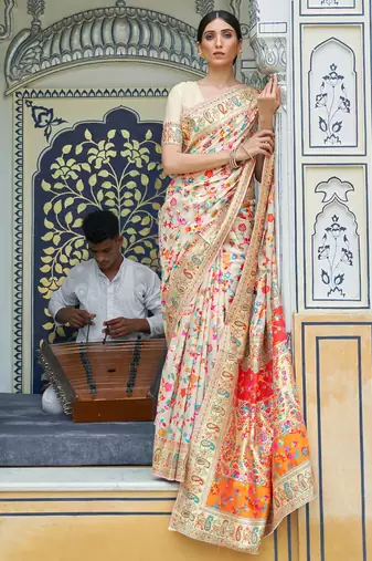 Cream Cotton Blend Beautiful Weaving Border Saree With Blouse