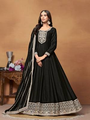 Black embroidered art silk anarkali suit 1