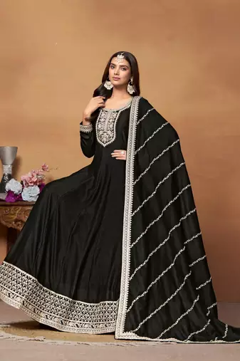Black embroidered art silk anarkali suit