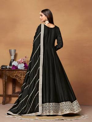 Black embroidered art silk anarkali suit 3