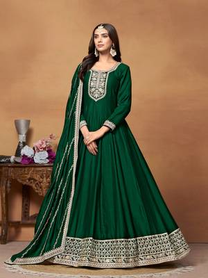 Green embroidered art silk anarkali suit 1