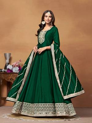 Green embroidered art silk anarkali suit 3