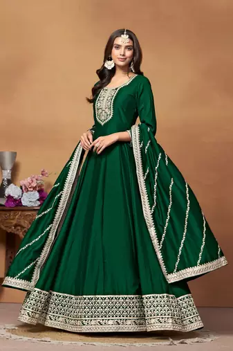 Green embroidered art silk anarkali suit