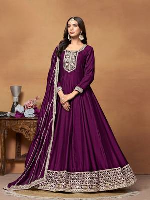 Wine embroidered art silk anarkali suit 1