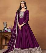 Wine embroidered art silk semi stitched anarkali suit
