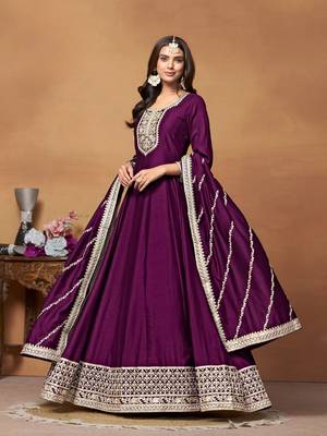 Wine embroidered art silk anarkali suit 2