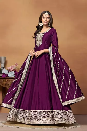 Wine embroidered art silk anarkali suit
