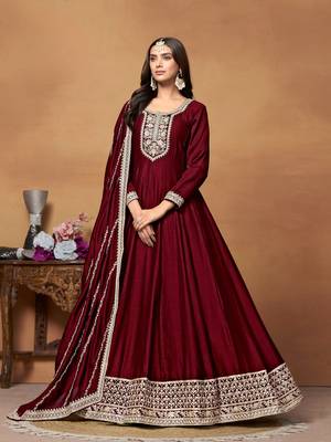 Maroon embroidered art silk semi stitched anarkali suit 1