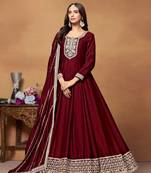 Maroon embroidered art silk semi stitched anarkali suit
