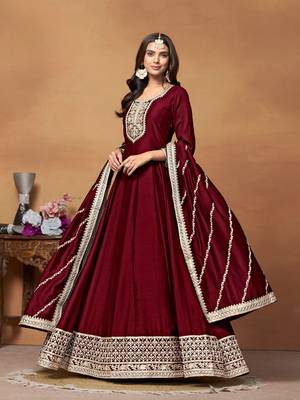Maroon embroidered art silk semi stitched anarkali suit 2
