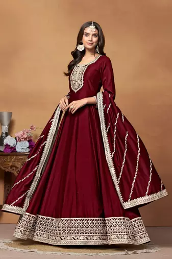 Maroon embroidered art silk semi stitched anarkali suit
