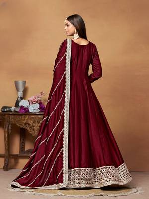Maroon embroidered art silk semi stitched anarkali suit 3