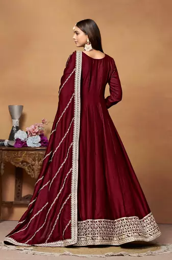 Maroon embroidered art silk semi stitched anarkali suit