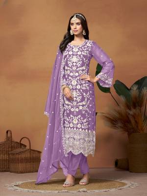 Lavender embroidered soft organza salwar suit 1