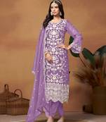 Lavender embroidered soft organza semi stitched salwar suit