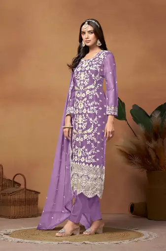 Lavender embroidered soft organza salwar suit
