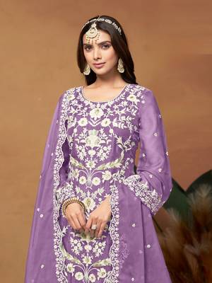 Lavender embroidered soft organza salwar suit 3