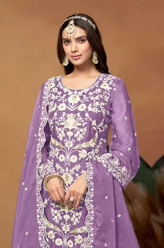 Lavender embroidered soft organza salwar suit
